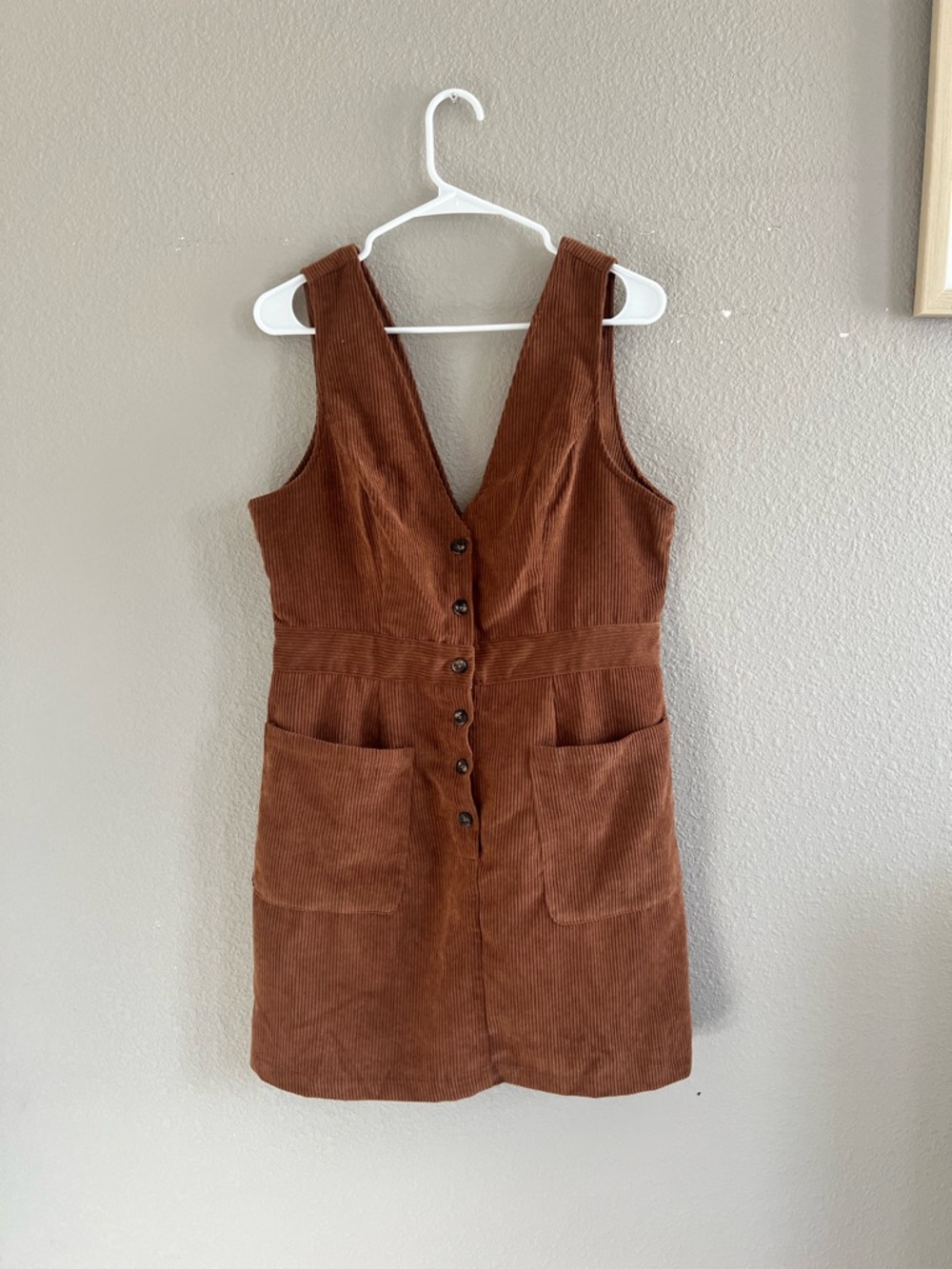Rust Brown Corduroy Button-Front Pinafore Dress